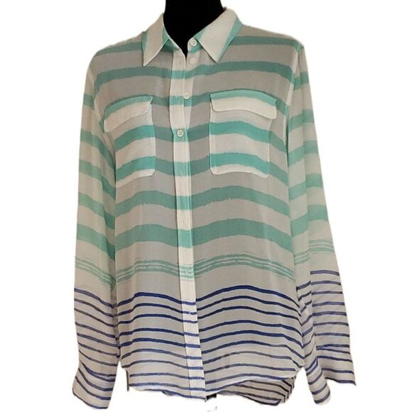 Two By Vince Camuto  Sheer Aqua White Blue Stripped Long Sleeve Top Size S - Picture 1 of 5